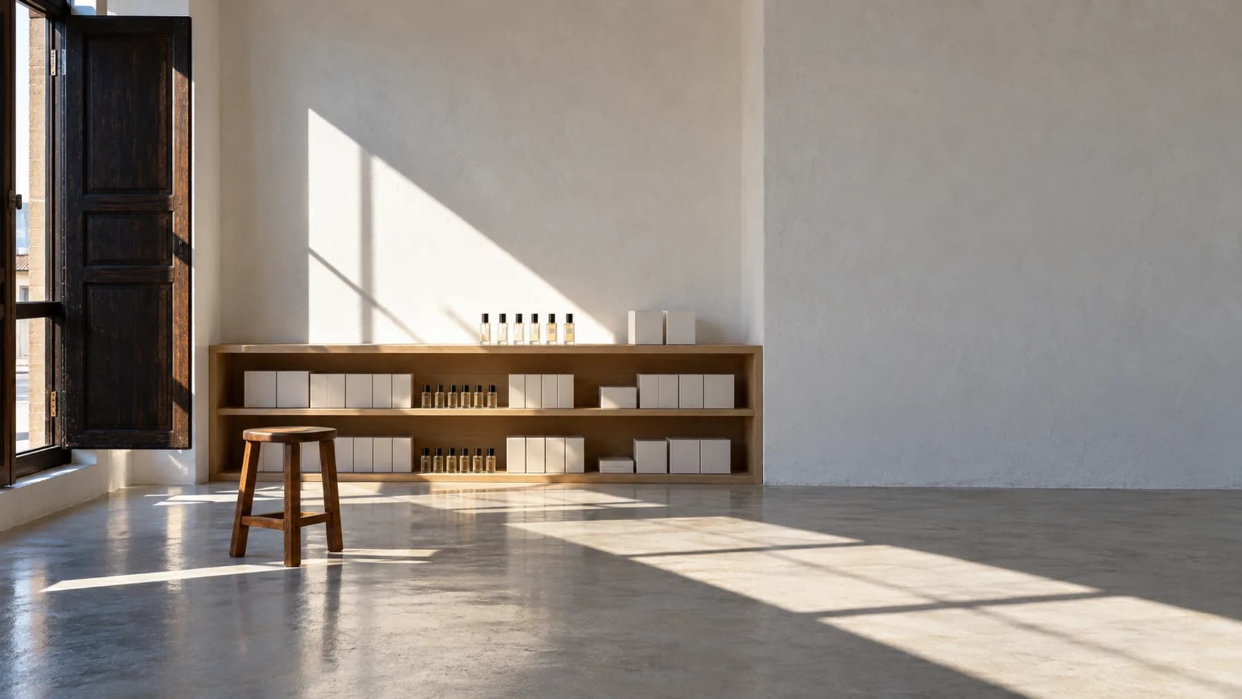 A low wooden shelf of small bottles and plain white boxes in a bare room, late afternoon sun on the floor